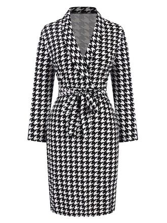 Black 1980s V-Neck Bow Houndstooth Dress, vintage dress, retro fashion - perfect for women who love vintage and retro fashion
