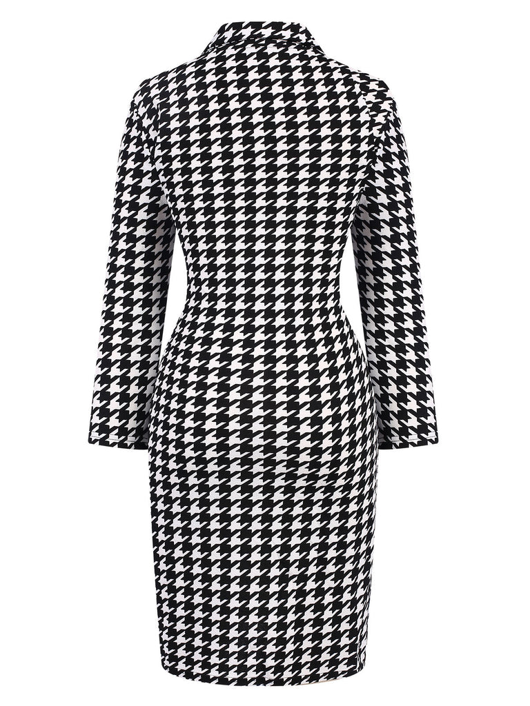Black 1980s V-Neck Bow Houndstooth Dress, vintage dress, retro fashion - perfect for women who love vintage and retro fashion