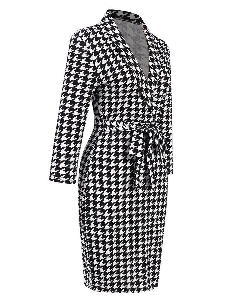 Black 1980s V-Neck Bow Houndstooth Dress, vintage dress, retro fashion - perfect for women who love vintage and retro fashion
