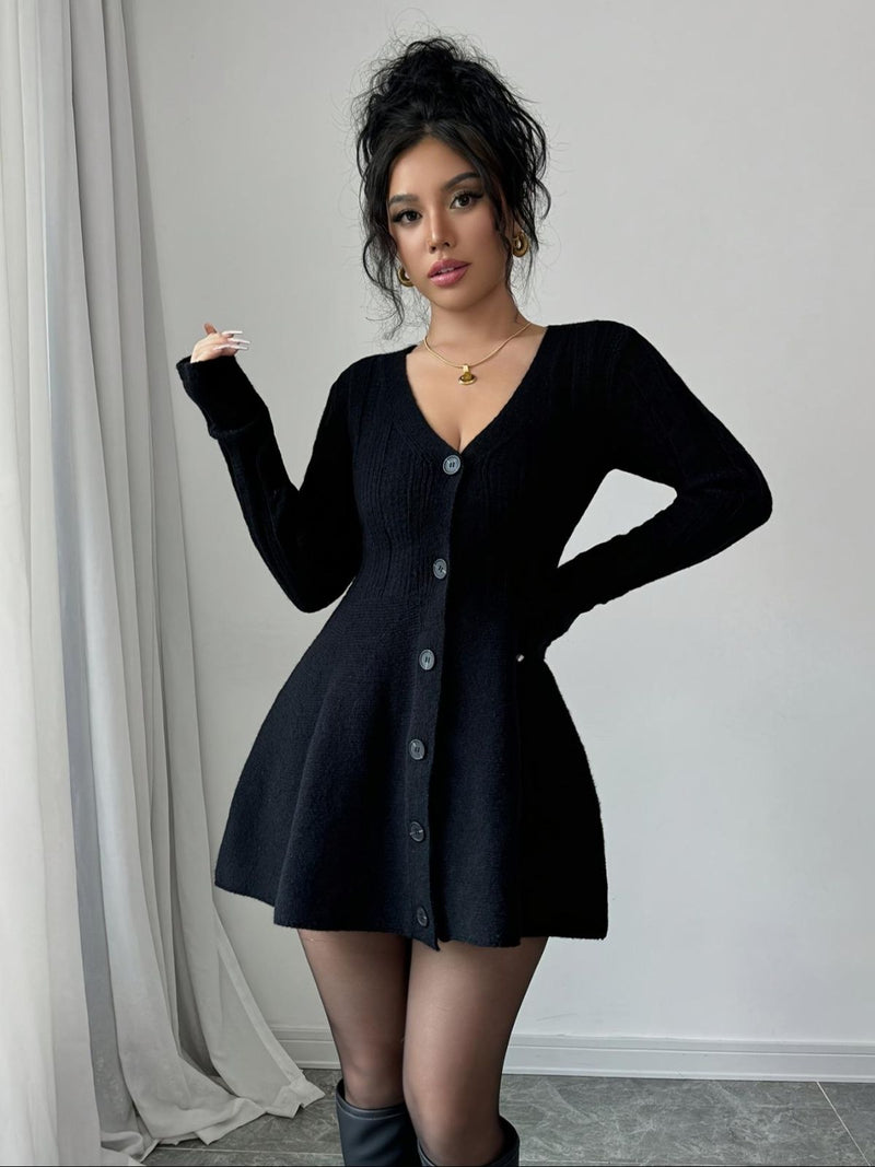 sweater dress 80s Black 1980s V-Neck Knit Color:Nave normal wear. magento_id-44672 Womens Clothing Polka Dot