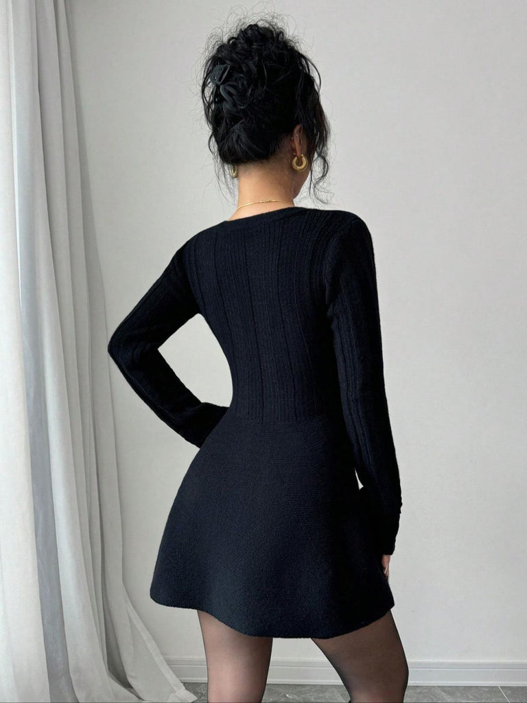black dress sweater Black Little Dress V-Neck Knitted Sweater Dress