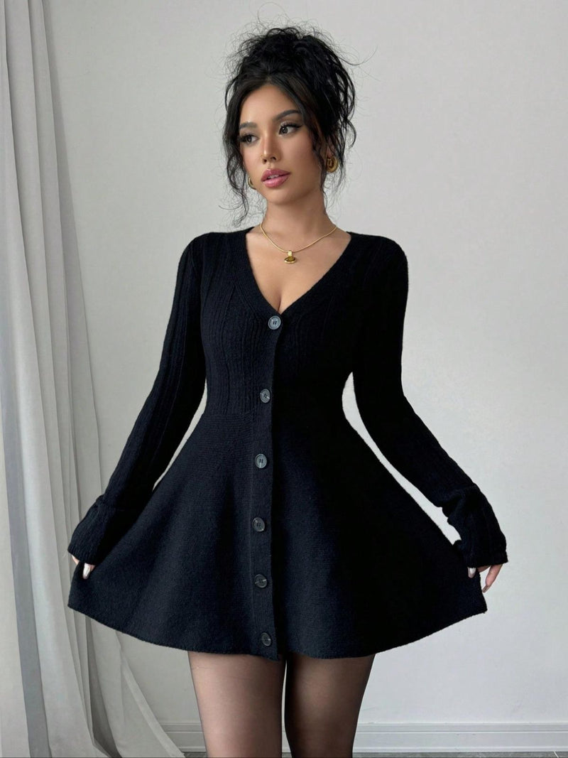 Black Little Dress V-Neck Knitted Sweater Dress
