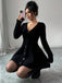 Black 1980s V-Neck Knit Sweater Dress - vintage dress, retro fashion, classic black