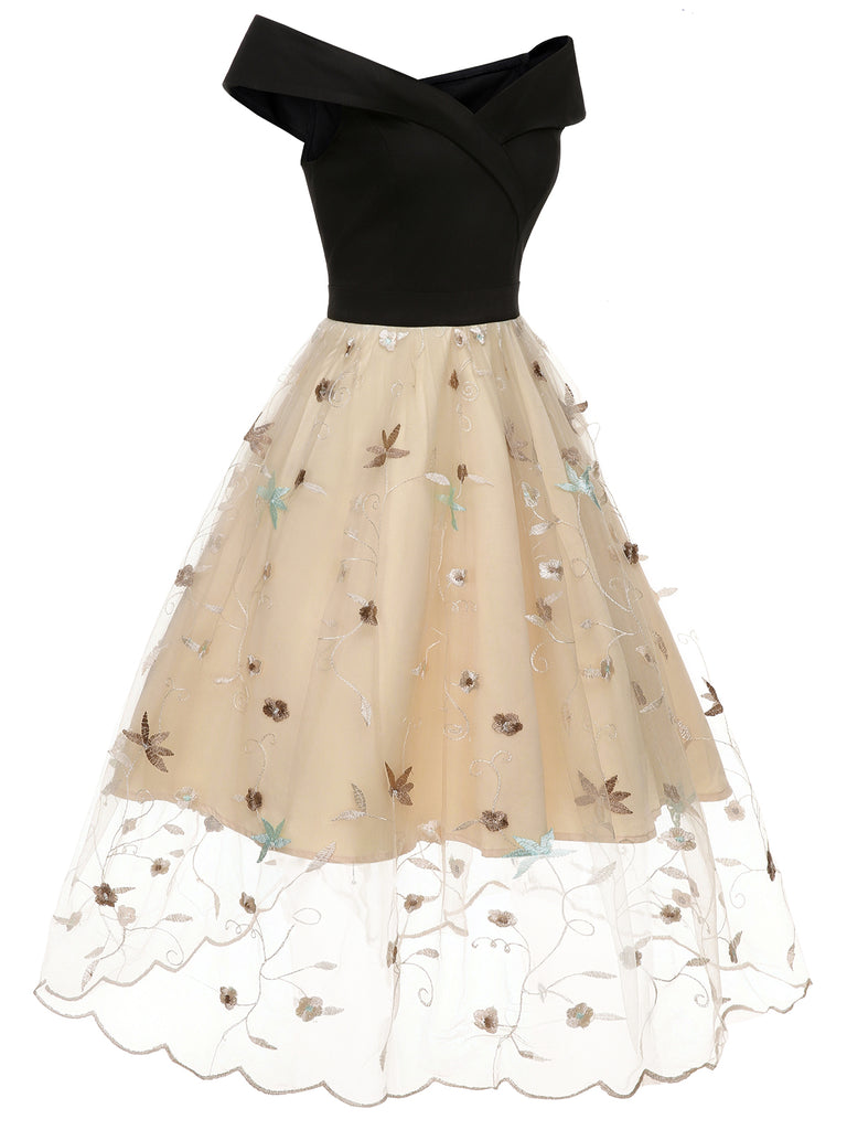 Black & Beige 1950s Floral Mesh Off-Shoulder Dress, vintage dress, retro fashion, rockabilly, pin-up fashion - perfect for women who love vintage and retro fashion