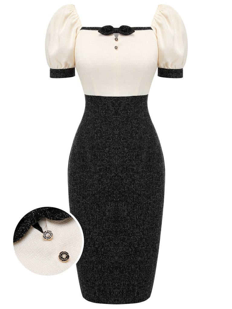 Black & Beige 1960s Puff Sleeve Pencil Dress Black & Beige 1960s Puff Sleeve Pencil Dress