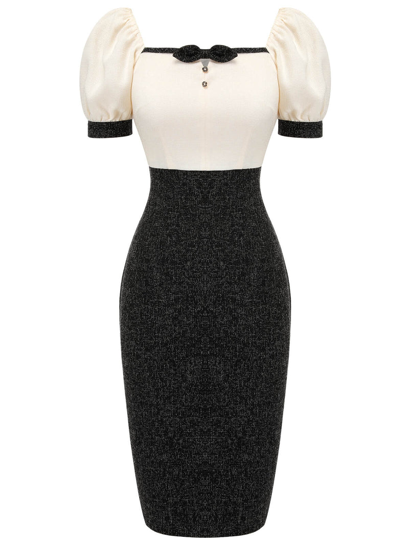 Vintage Puff Sleeve Pencil Dress Black & Beige