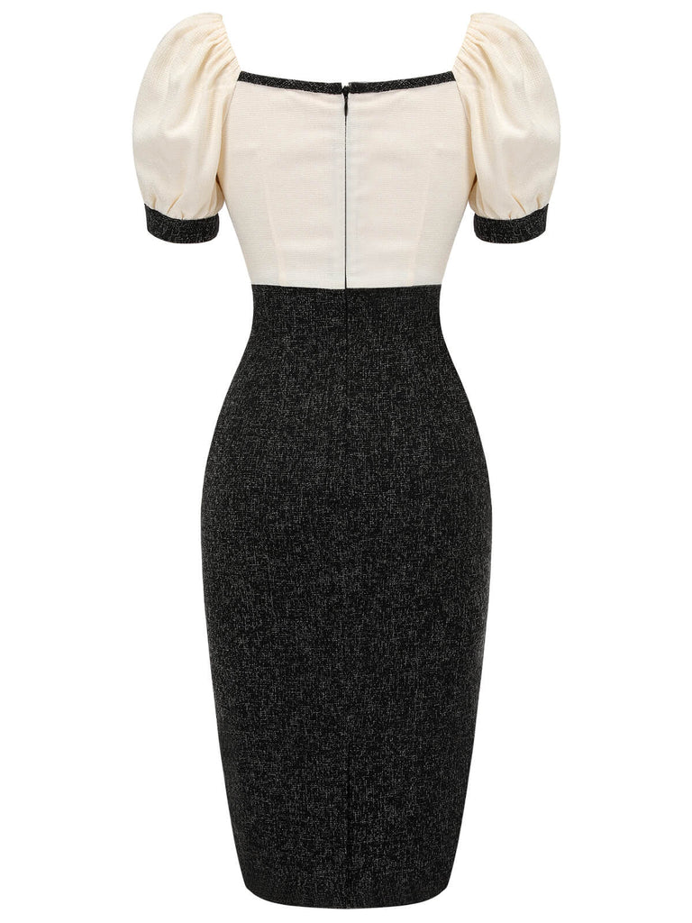 Black & Beige 1960s Puff Sleeve Pencil Dress