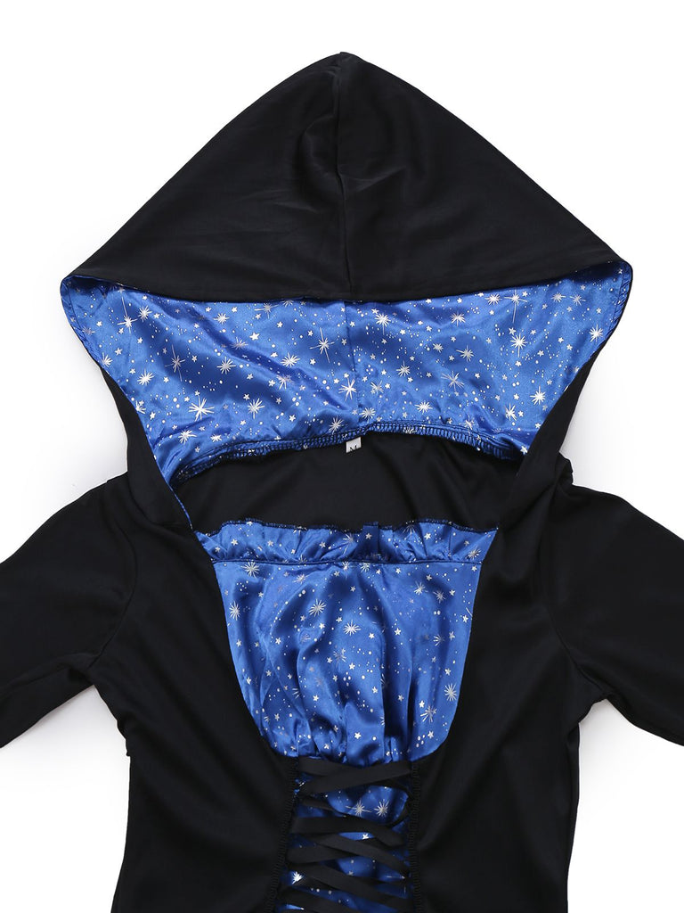 Gothic Hooded Witch Medieval Dress | Blue Star Corset Gown Spiderweb Bell Sleeves Gothic Hooded Witch Medieval Dress | Blue Star Corset Gown Spiderweb Bell Sleeves