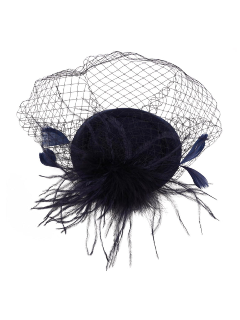 Black Faux Feather Fascinator Hat With Veil - vintage fashion, retro style, classic black