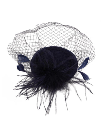 Black Faux Feather Fascinator Hat With Veil - vintage fashion, retro style, classic black