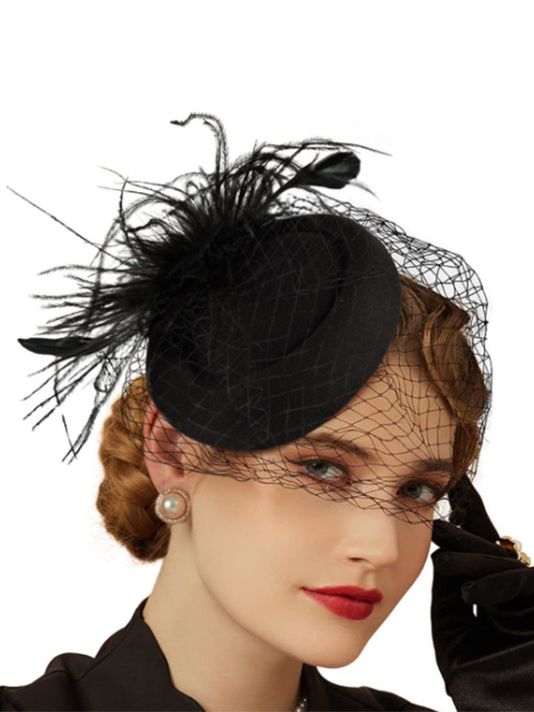 Black Faux Feather Fascinator Hat With Veil - vintage fashion, retro style, classic black