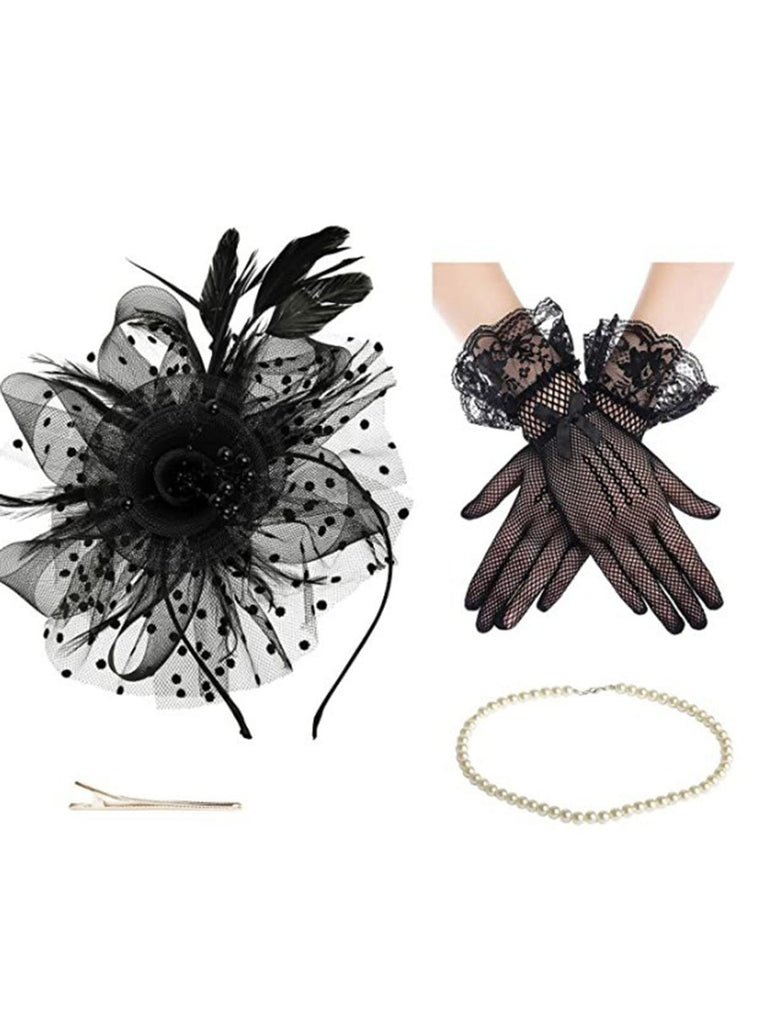 Black Feather Fascinator Hat With Veil & Necklace & Gloves - vintage fashion, retro style, classic black