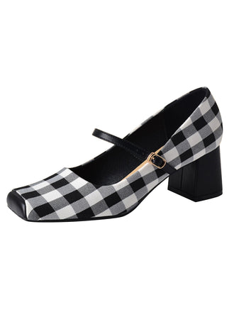 She finds her vintage story in this Black Gingham Plaid Square Toe Chunky Heels