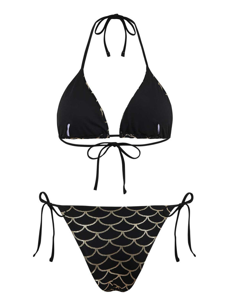 Black Gold 1970s Halter Mermaid Scale Bikini Set | vintage swimwear, retro swimsuit, pin-up style - perfect for retro fashion enthusiasts