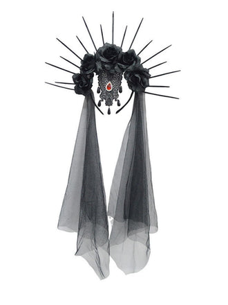Black Gothic Rose Veil Headpiece with Spikes, vintage fashion, retro style - vintage inspired fashion