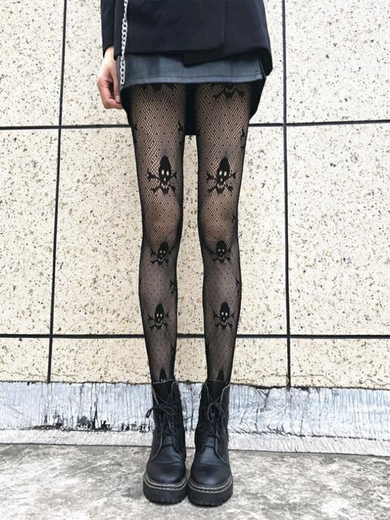 Black Gothic Skull Fishnet Tights - vintage fashion, retro style, classic black