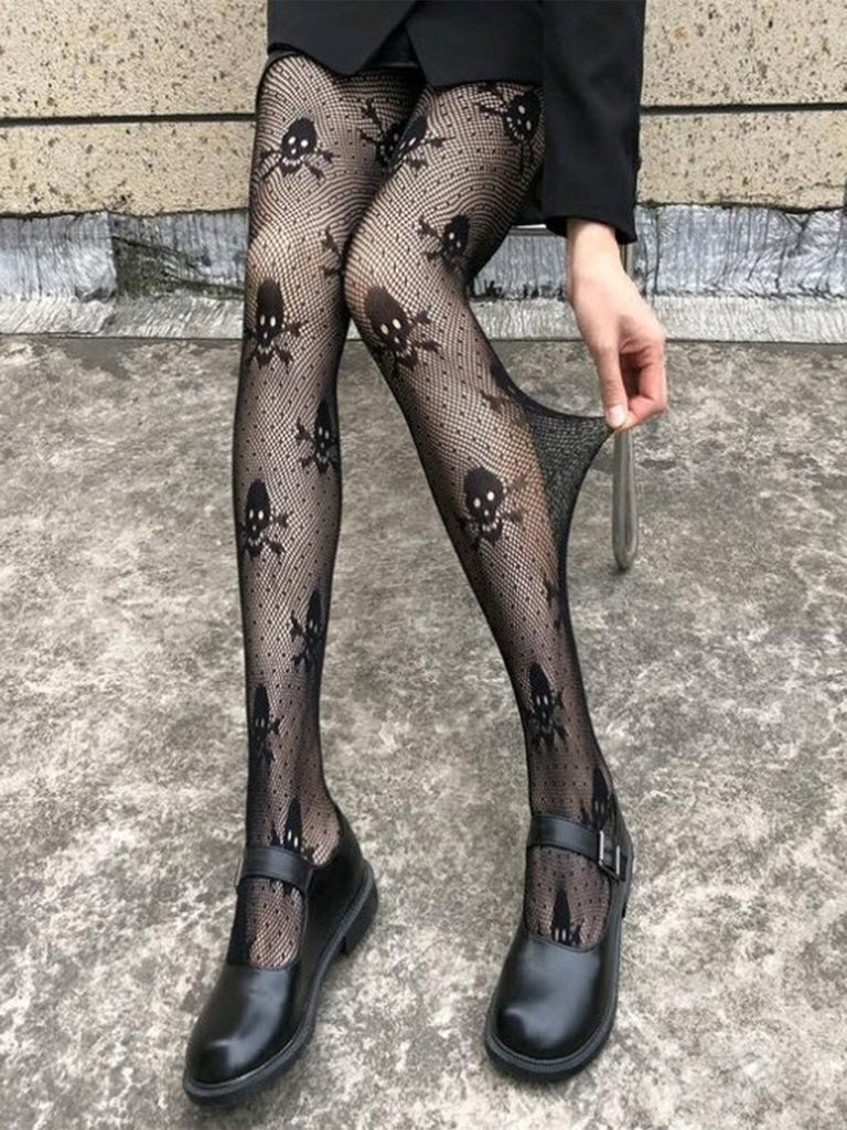 Black Gothic Skull Fishnet Tights - vintage fashion, retro style, classic black