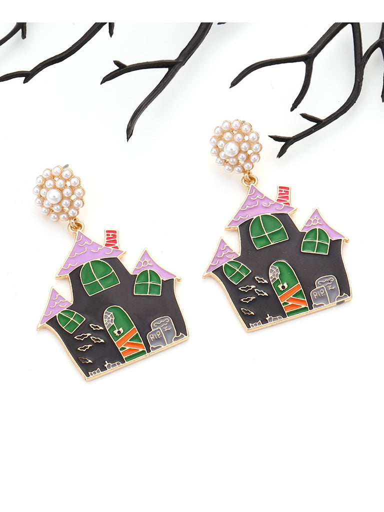 Black Halloween Cartoon Haunted House Earrings: vintage detail work for the woman who notices