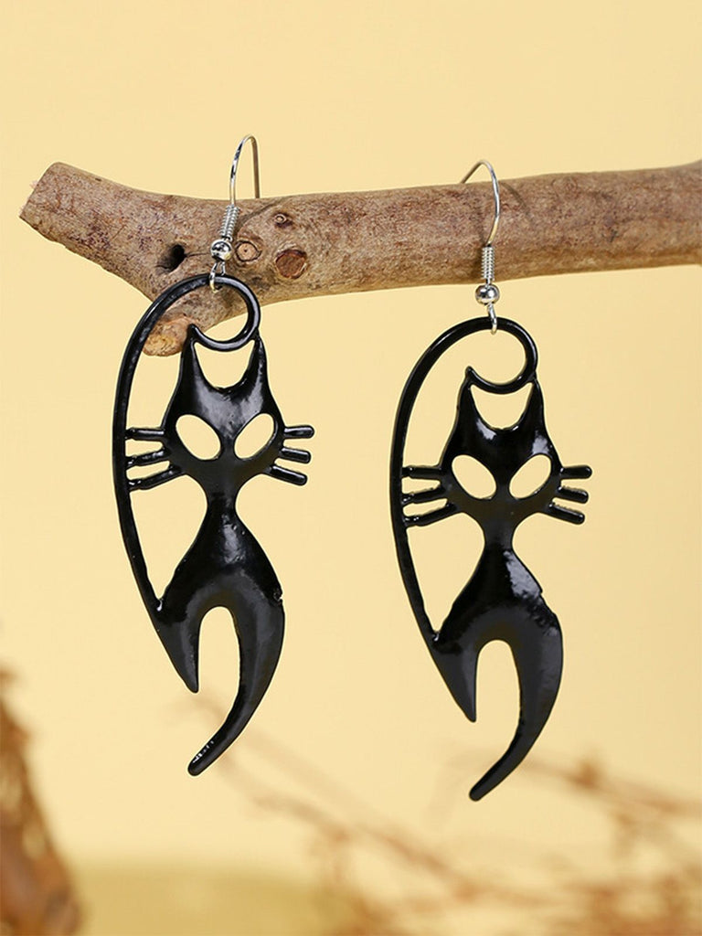 Black Halloween Cat Dangle Earrings - vintage fashion, retro style, classic black