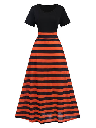 She slips into this Black & Orange 1970s Stripes Colorblock Dress and suddenly it's a 1970s daydream