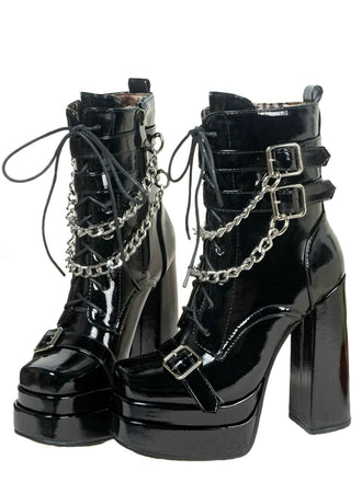 Black Patent Chains Gothic High Heels Boots - vintage shoes, retro heels, classic black