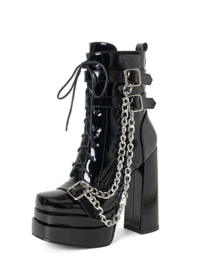 Black Patent Chains Gothic High Heels Boots - vintage shoes, retro heels, classic black