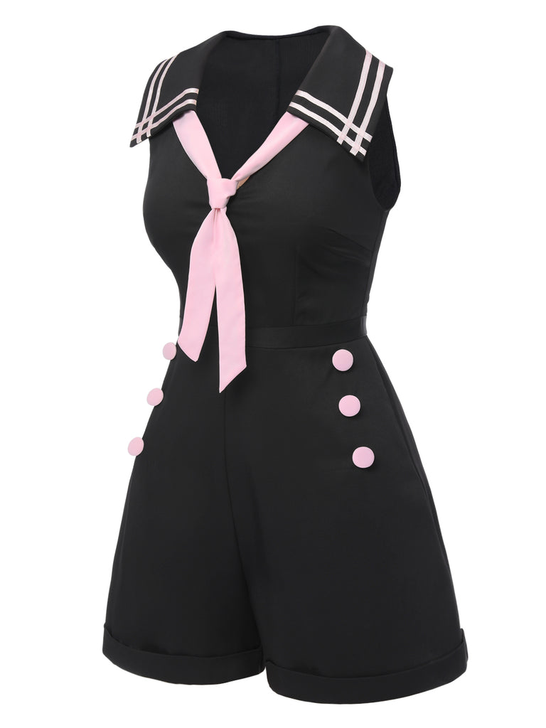 This Black & Pink 1950s Solid Tie Lapel Romper whispers 1950s secrets to those who notice