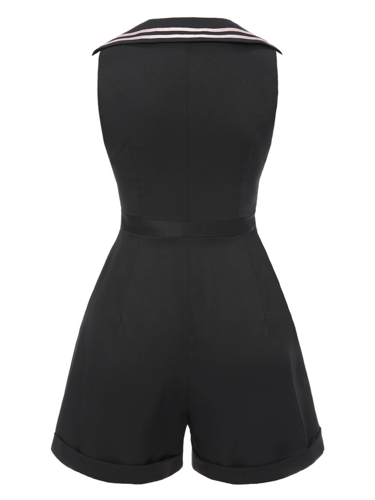 Black & Pink 1950s Solid Tie Lapel Romper — 1950s style that transcends decades