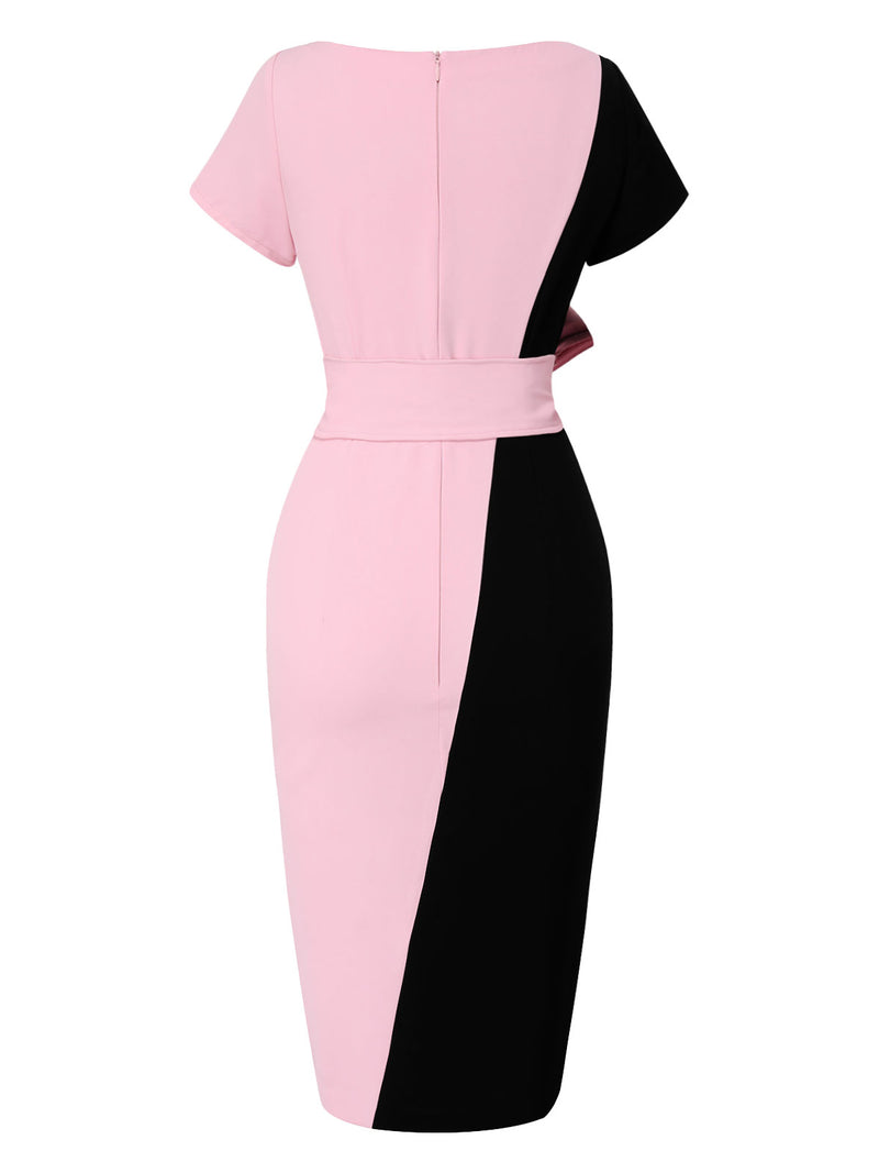 open lace back dress Black & Pink 1960s Boat Neck Contrast Belted Dress