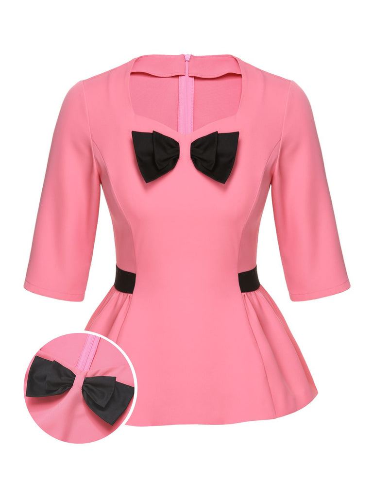 Black & Pink 1960s Bow Waist Patchwork Top, vintage top, retro blouse - perfect for women who love vintage and retro fashion