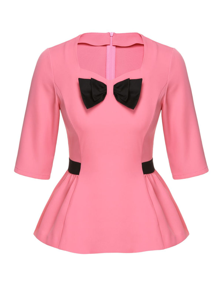 Black & Pink 1960s Bow Waist Patchwork Top, vintage top, retro blouse - perfect for women who love vintage and retro fashion