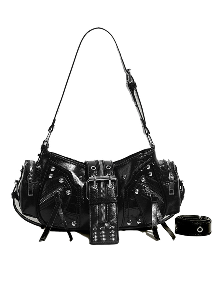 Black Punk Studded Buckle Shoulder Bag - vintage fashion, retro style, classic black