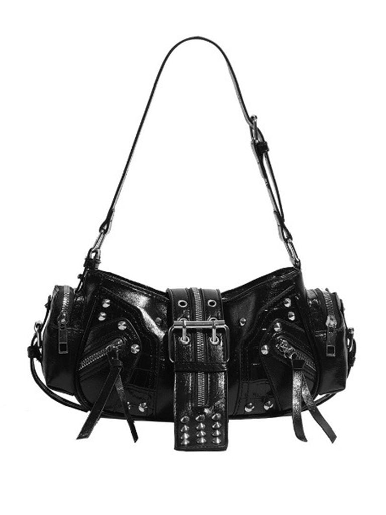 Black Punk Studded Buckle Shoulder Bag - vintage fashion, retro style, classic black