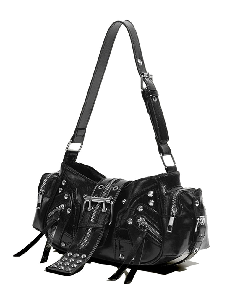 Black Punk Studded Buckle Shoulder Bag - vintage fashion, retro style, classic black