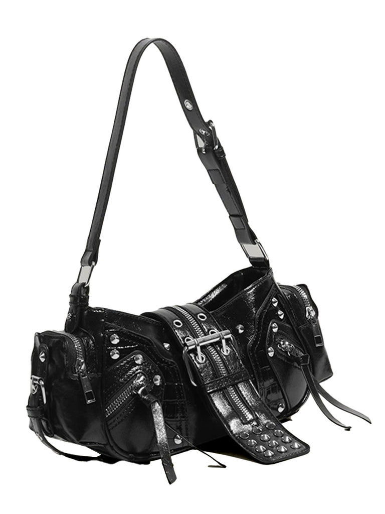 Black Punk Studded Buckle Shoulder Bag - vintage fashion, retro style, classic black