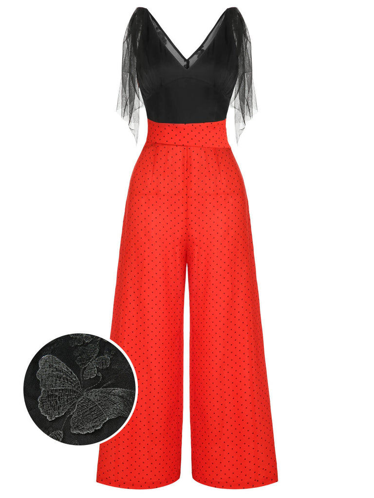 Black & Red 1930s Polka Dot Patchwork Jumpsuit, vintage romper, retro jumpsuit - perfect for women who love vintage and retro fashion