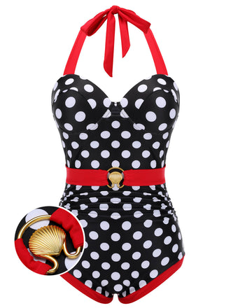 Black & Red 1950s Dots Halter Swimsuit, vintage swimsuit, pin-up swimwear - perfect for women who love vintage and retro fashion