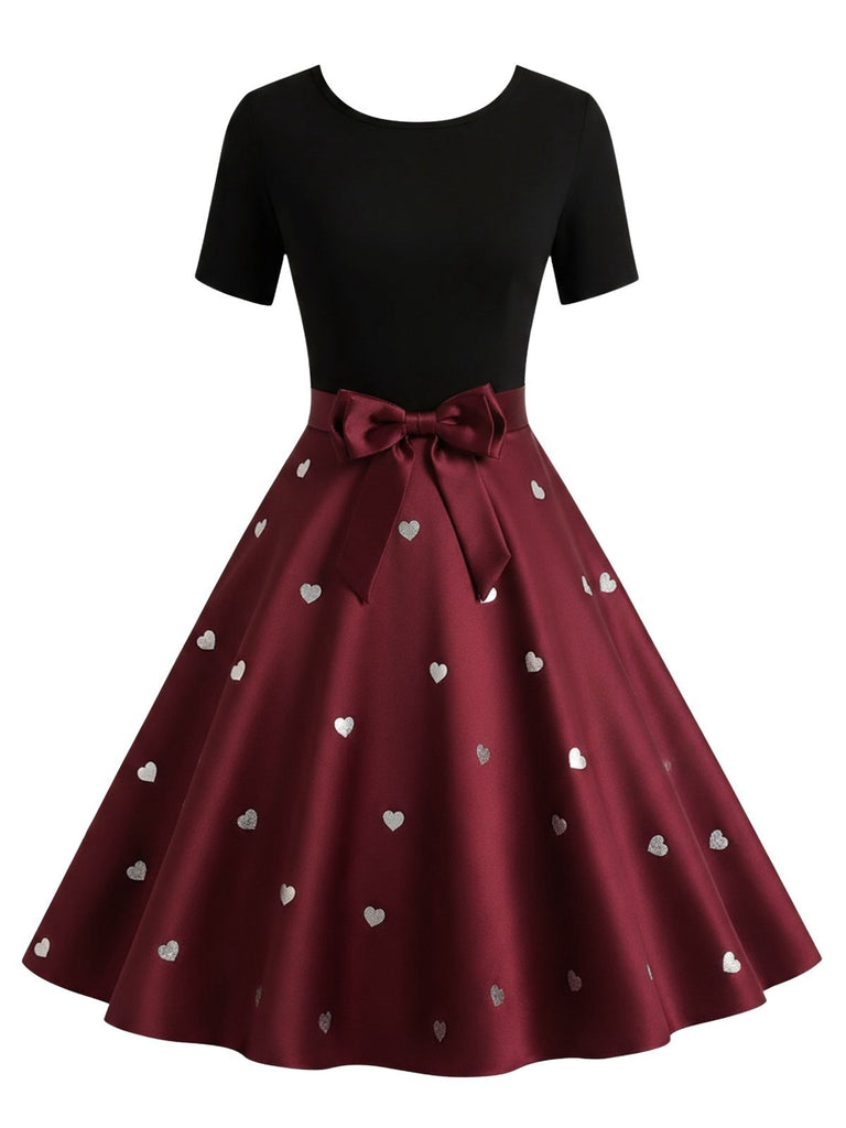 Retro Stage 1950s Heart Print Bow Swing Dress Black & Red Retro Stage 1950s Heart Print Bow Swing Dress Black & Red