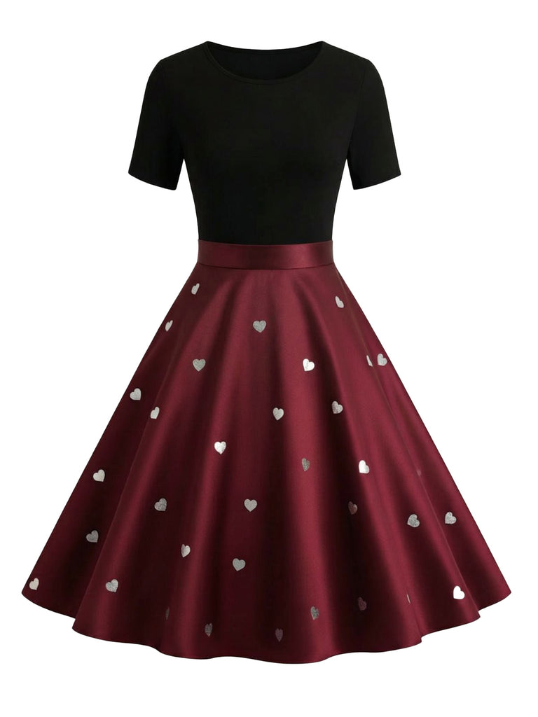 Retro Stage 1950s Heart Print Bow Swing Dress Black & Red