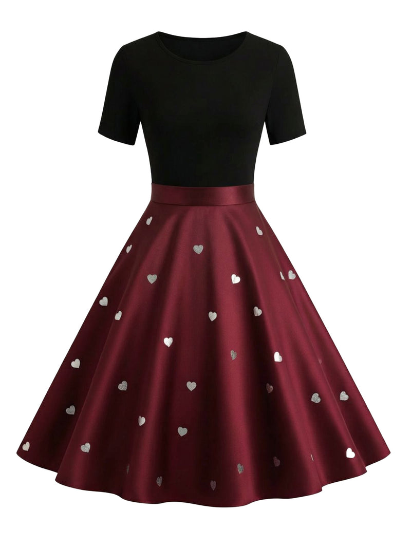 black and red swing dress Black & Red 1950s Heart Bow Swing Dress