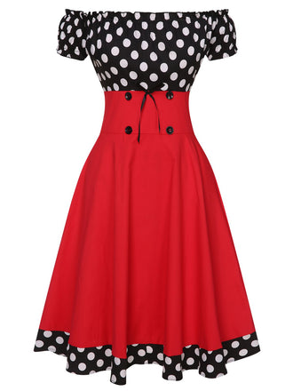 Black & Red 1950s Polka Dots Off Shoulder Dress, vintage dress, retro fashion, rockabilly, pin-up fashion - perfect for women who love vintage and retro fashion