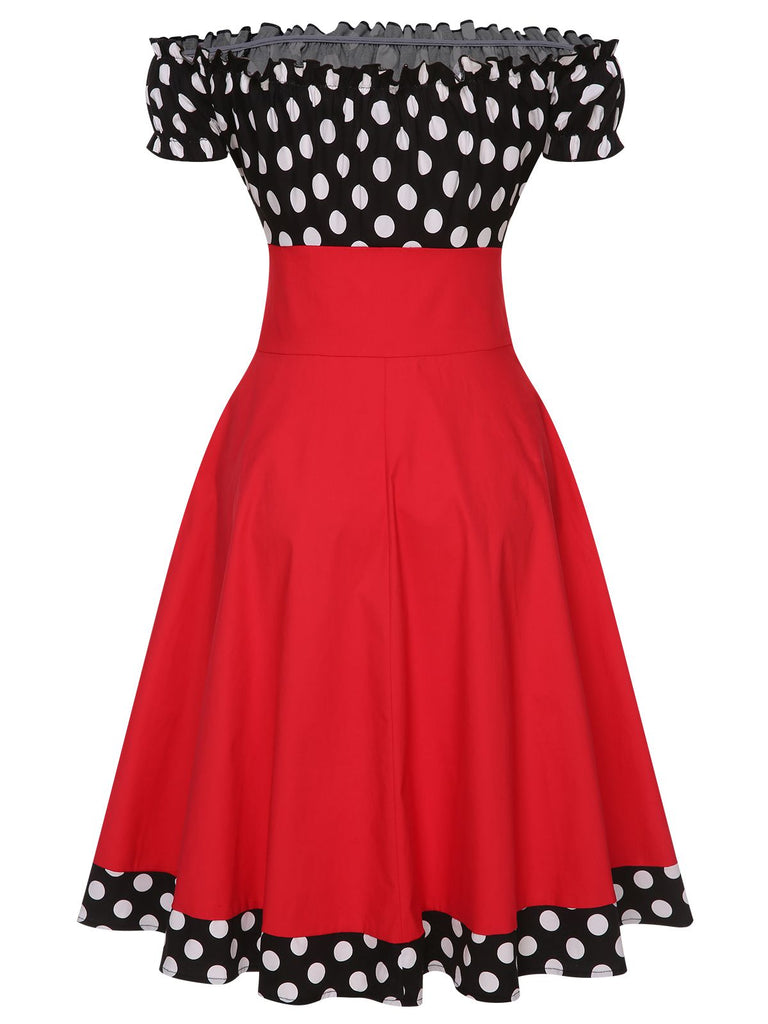 open lace back dress Retro Stage Black & Red 1950s Polka Dots Off Shoulder Dress