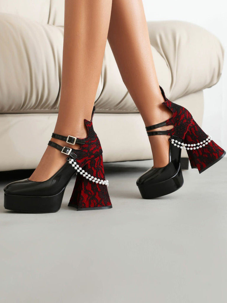 This Black Retro Pearl Lace Gothic High Heel Shoes whispers 1950s secrets to those who notice