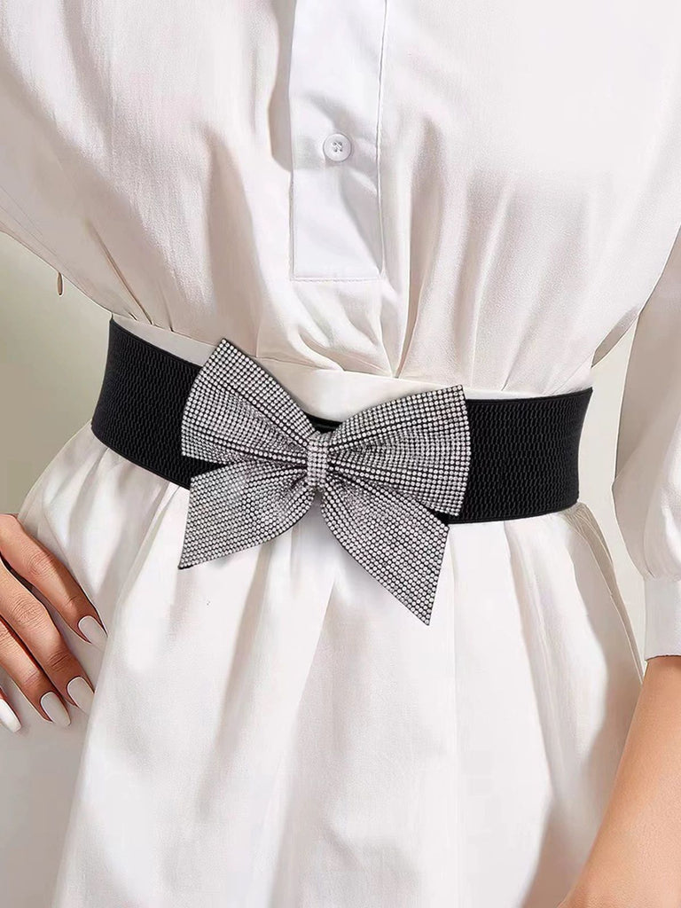 Black Rhinestone Bow High Stretch Belt - vintage fashion, retro style, classic black