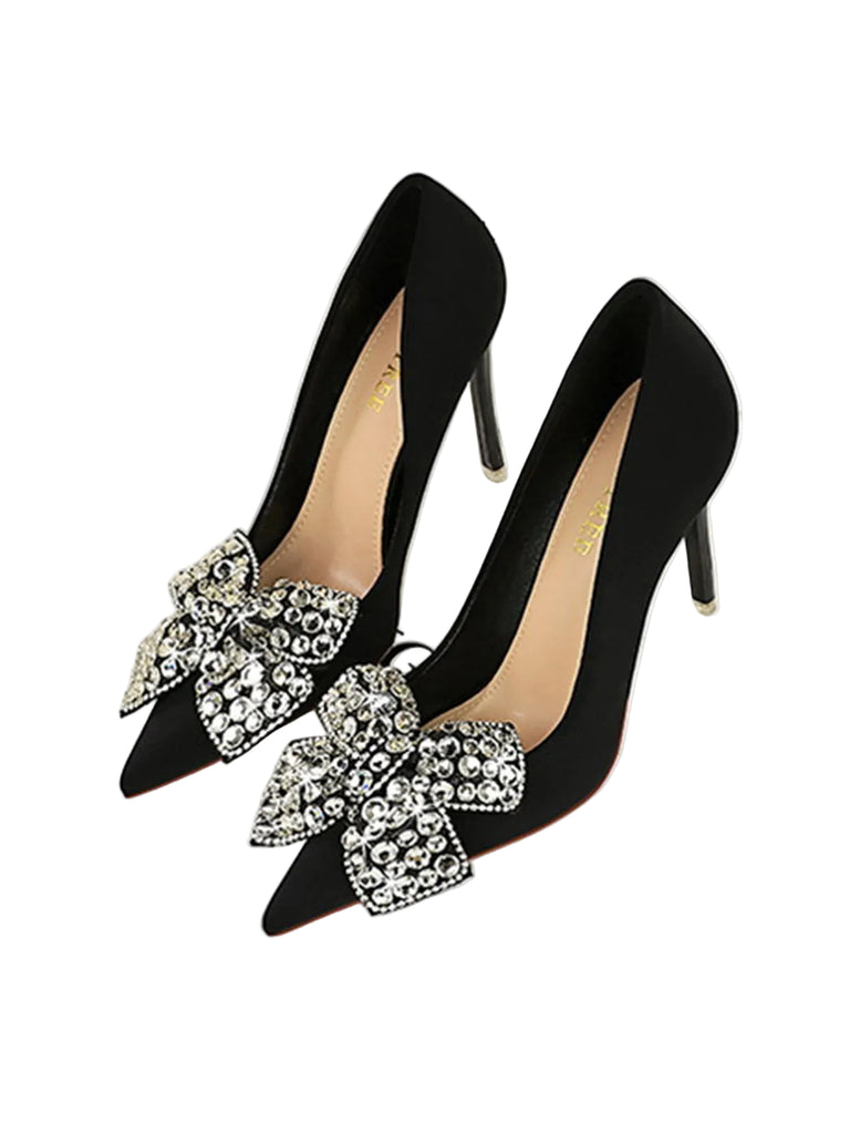 This Black Rhinestone Satin Pointed Toe Stiletto Heels whispers vintage secrets to those who notice