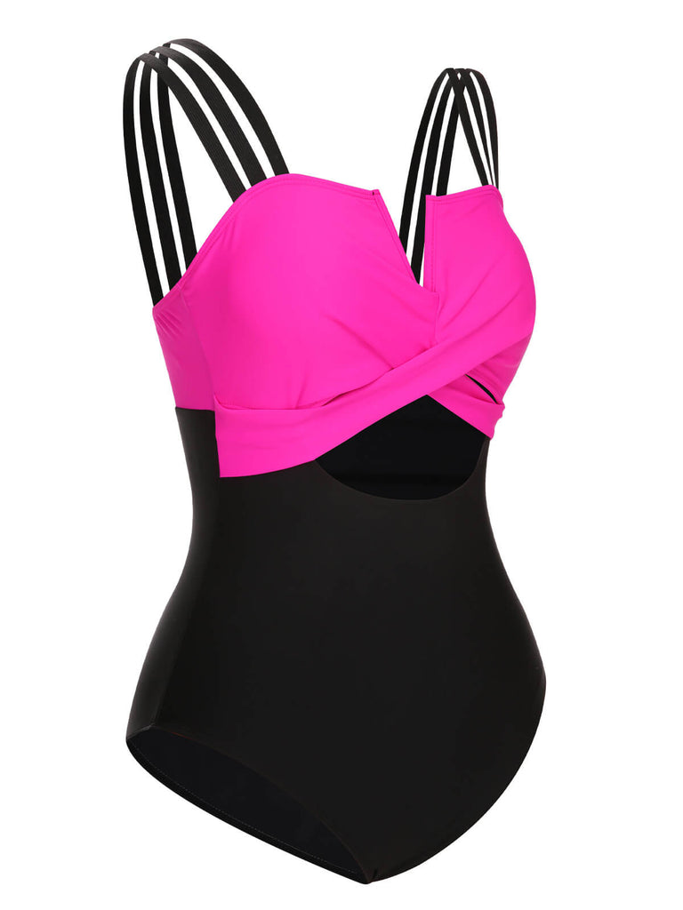 Black & Rose Red 1960s Color Block Swimsuit: 1960s Riviera elegance, reimagined for her