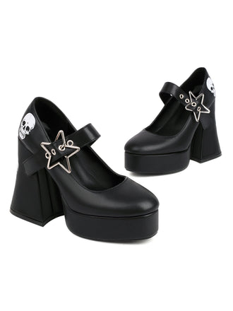 She finds her vintage story in this Black Skull Buckle Strap Platform Chunky Shoes