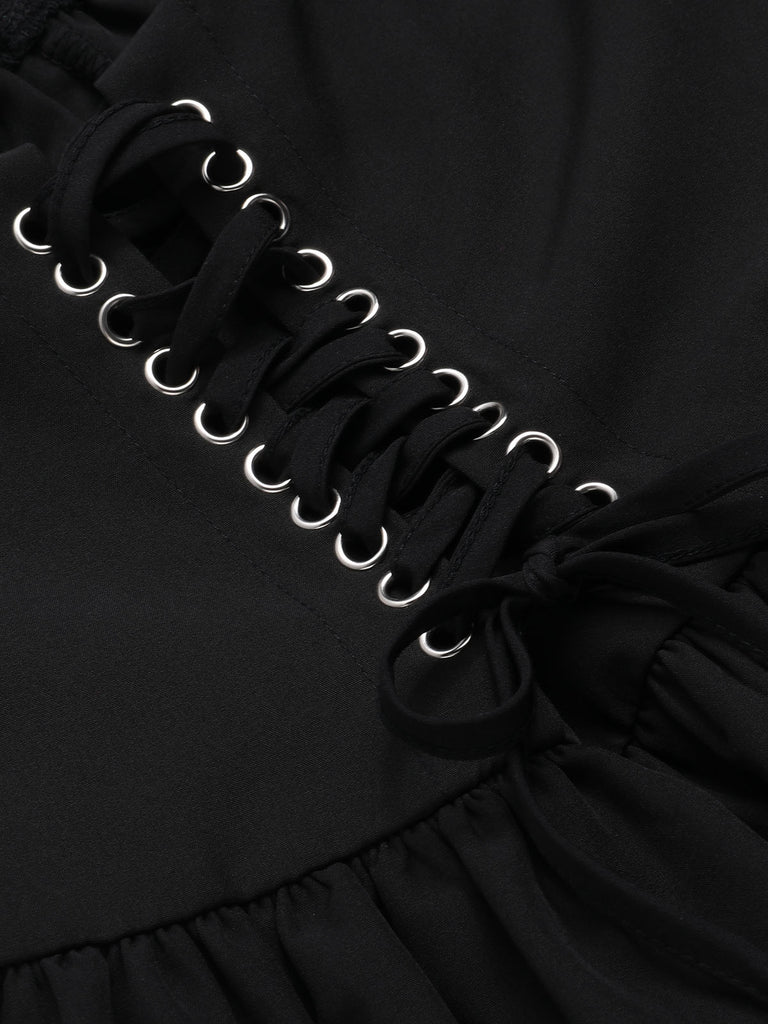 Black Corset Bodice Mini Dress | Lace Trim Ruched Bust Babydoll Dress Black Corset Bodice Mini Dress | Lace Trim Ruched Bust Babydoll Dress