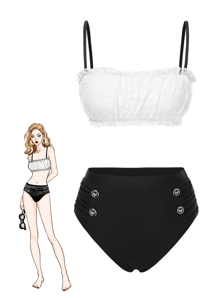 Black & White 1930s Colorblock Lace Bikini Set - vintage fashion, retro style, classic black