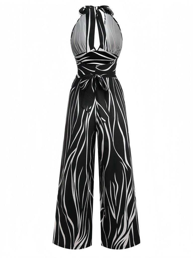 Black & White 1930s Irregular Print Halter Jumpsuit - vintage jumpsuit, retro fashion, classic black